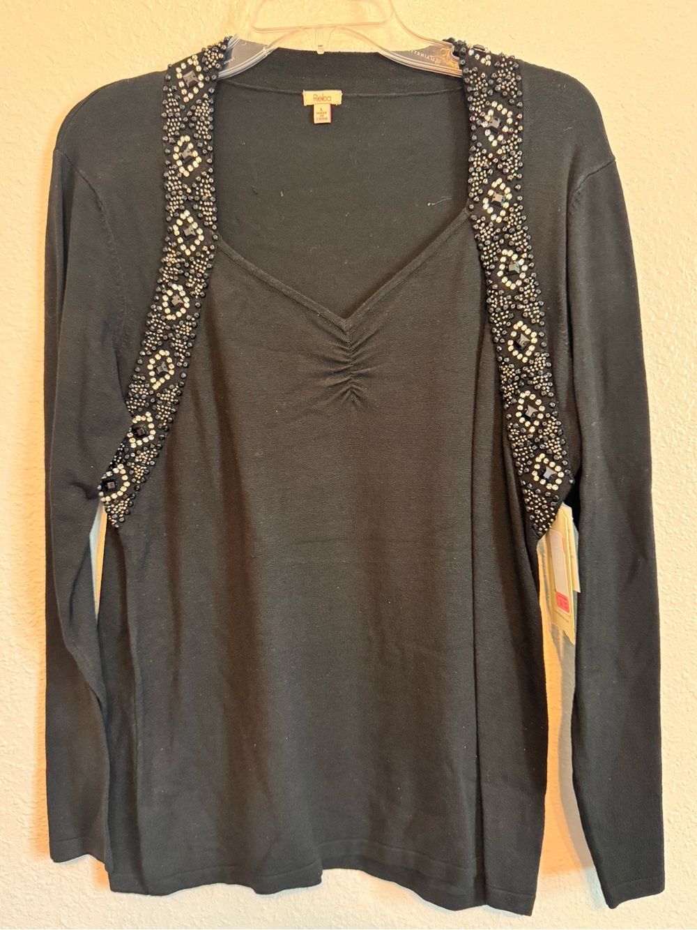 NWT Reba Black Beaded Embellished Top Long Sleeve Blouse sz L $88 MSRP